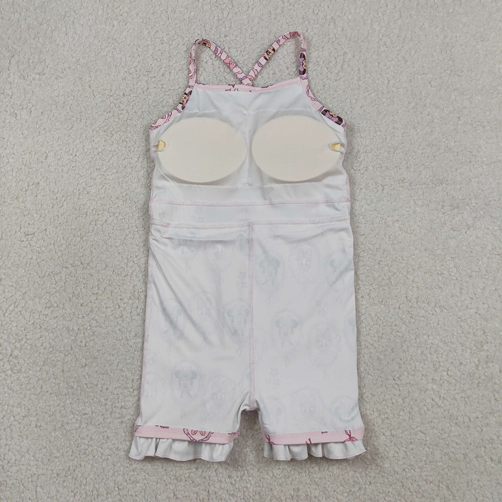GSD3915 Cartoon Mouse Pink Print Girls Summer Strap Shorts Ruffle Knee Length Yoga Dress