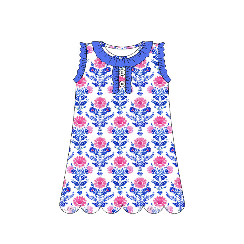 3.12 GSD3916 Preorder Blue Pink Flowers Print Sleeveless Girls Summer Scallop Knee Length Dress