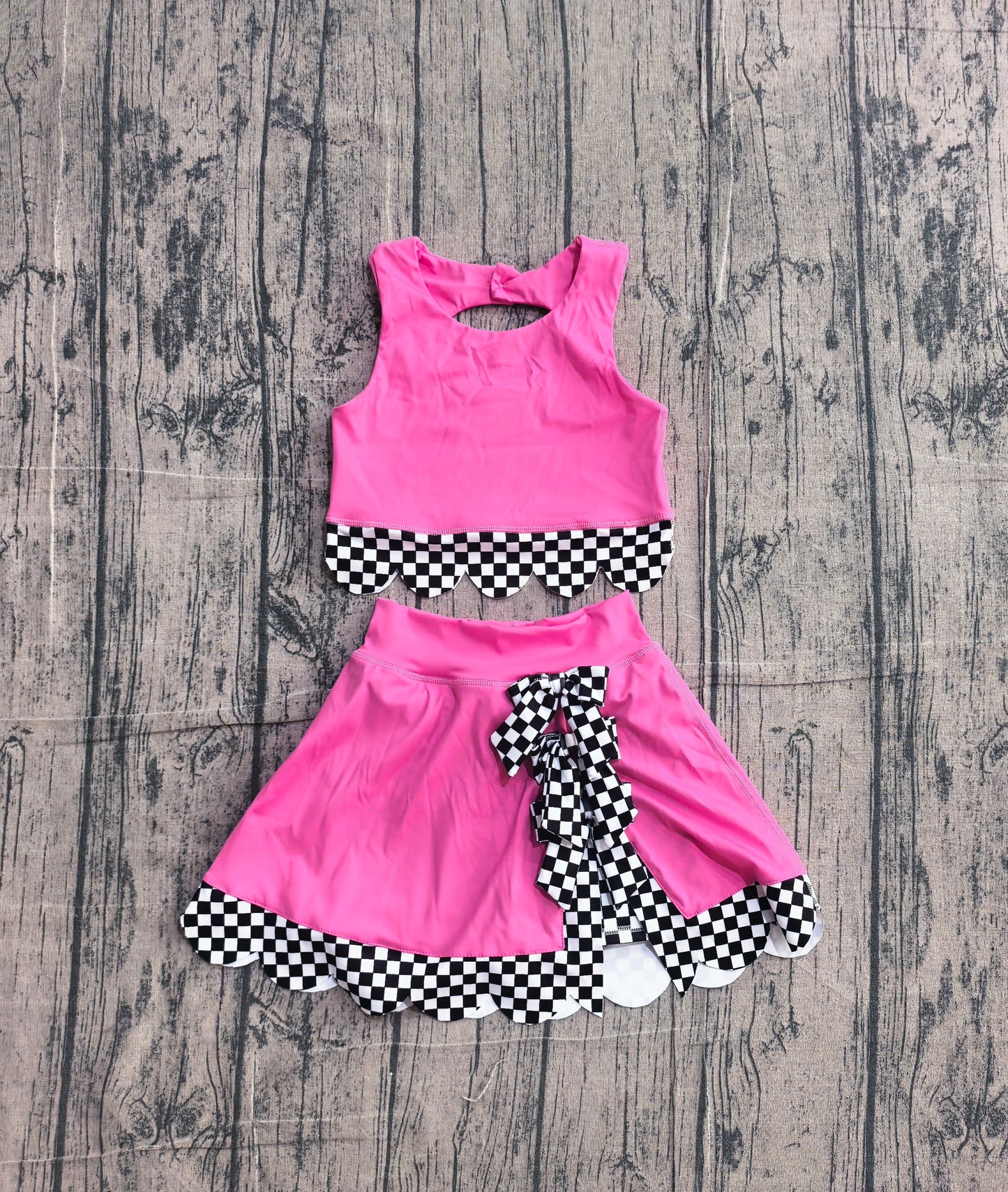 Preorder Hot Pink Black Plaid Print Girls Summer Yoga Clothes Set