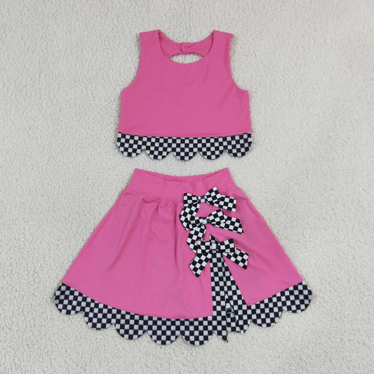 GSD3926 Hot Pink Black Checkerd Scallop Edge Bows Girls Summer Yoga Clothes Set
