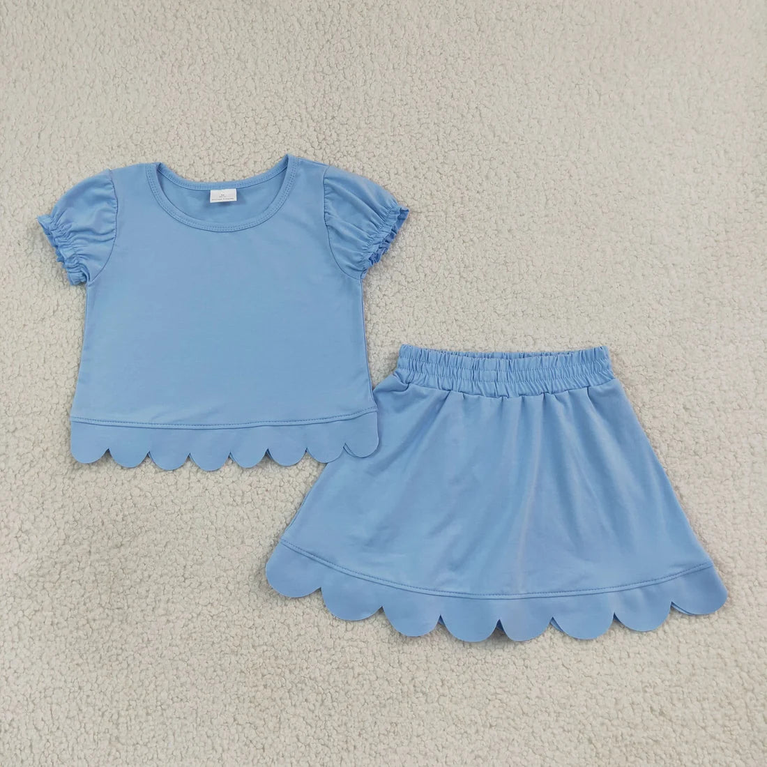 Sibling Baby Girls Solid Color Cotton Short Sleeve Top With Scalloped Skort Outfit