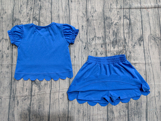 GSD3937 Preorder Blue Cotton Skirts Girls Summer Scallop Clothes Set