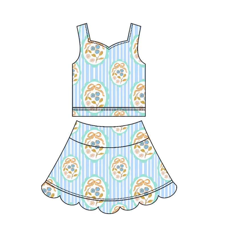 3.17 GSD3951 Preorder Blueberry Flowers Bows Stripes Girls Summer Scallop Yoga Clothes Set