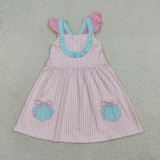 GSD3958 Shell Embroidery Pink Stripes Print Girls Summer Knee Length Strap Dress