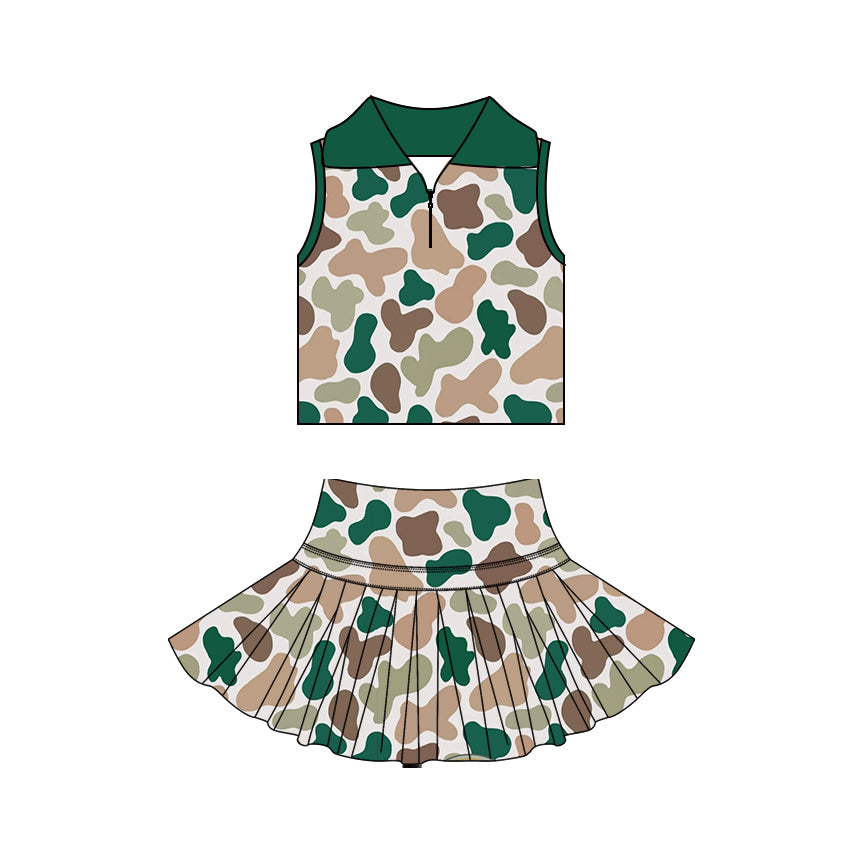 3.21 GSD3972 Preorder Khaki Brown Green Camo Zipper Sleeveless Top Skirts Girls Summer Yoga Clothes Set