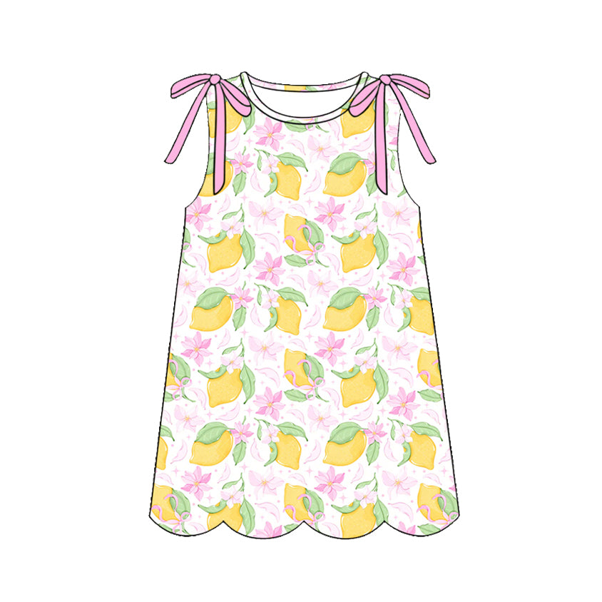 3.21 GSD3973 Preorder Lemon Bows Print Girls Summer Sleeveless Scallop Knee Length Dress