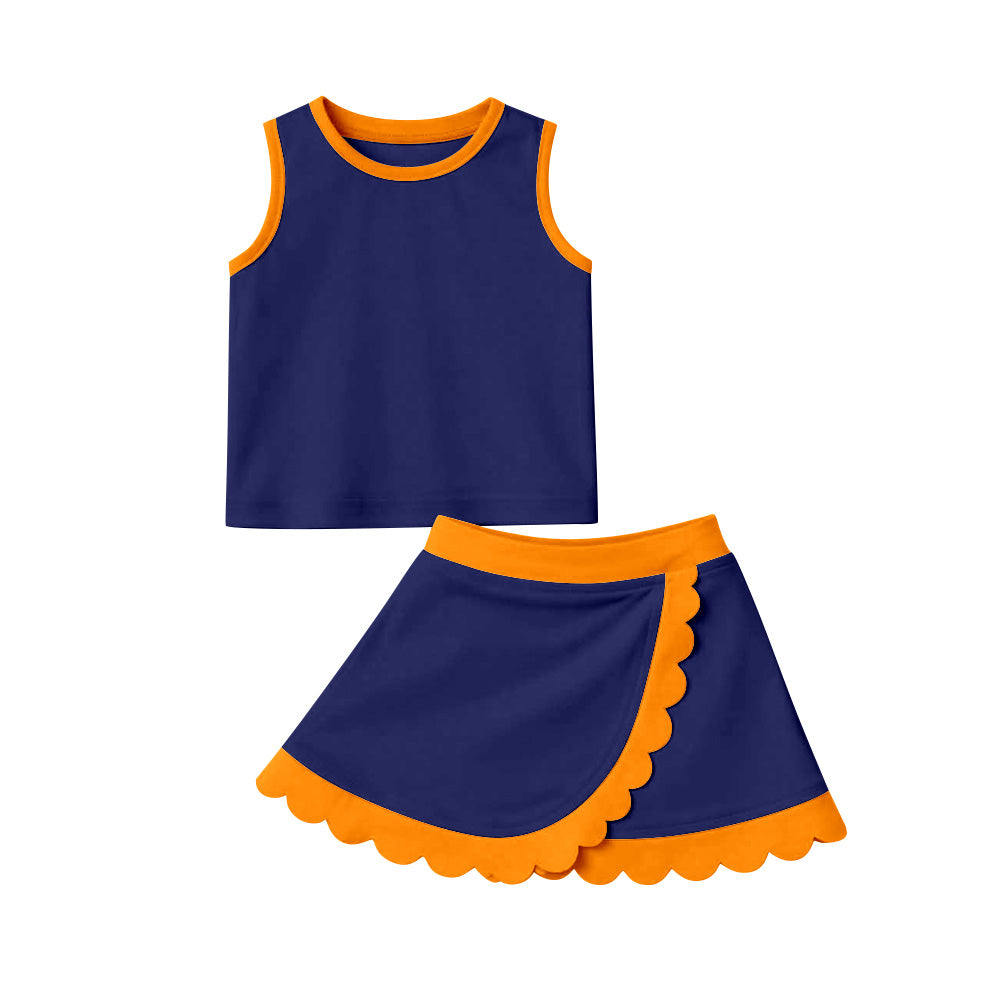GSD4017 Navy Orange Scallop Edge 2-Piece Yoga Set | Tank Top & Skort Girls Active Outfits
