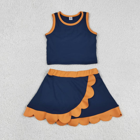 GSD4017 Navy Orange Scallop Edge 2-Piece Yoga Set | Tank Top & Skort Girls Active Outfits