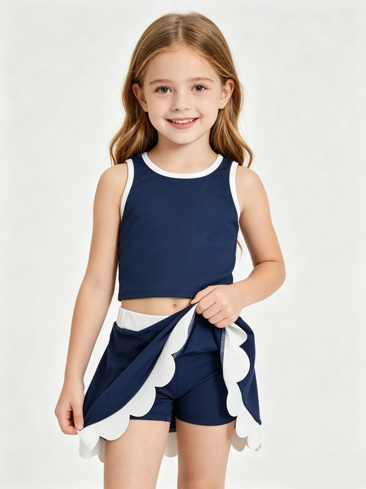 Toddler Girls Navy Scalloped Edge 2-Piece Set | Sleeveless Top & Skort Active Outfit