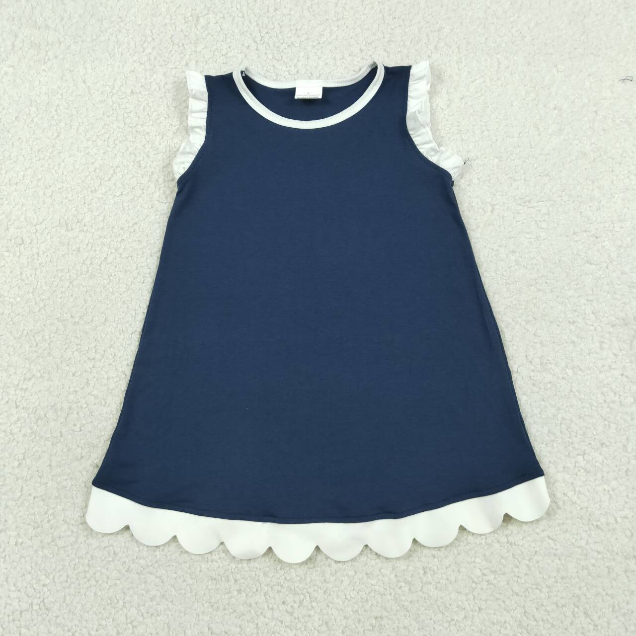 Toddler Navy Cotton Scalloped Edge Ruffle Girls Summer Dress