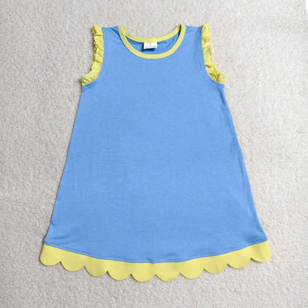 GSD4061 Blue Cotton Scalloped Edge Ruffle Girls Knee Length Dress
