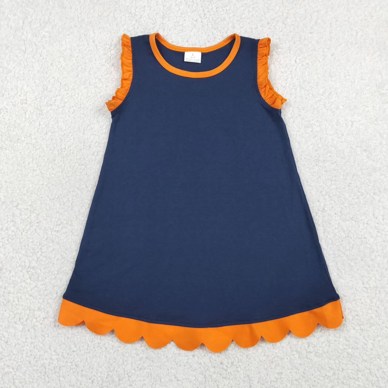 GSD4062 Navy Cotton Orange Scallop Edge Toddler Girls Summer Dress