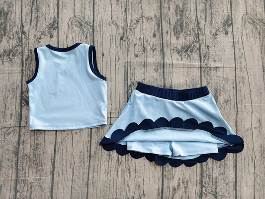 4.9 GSD4082 Preorder Blue Sleeveless Top Scallop Skirts Girls Summer Yoga Clothes Set
