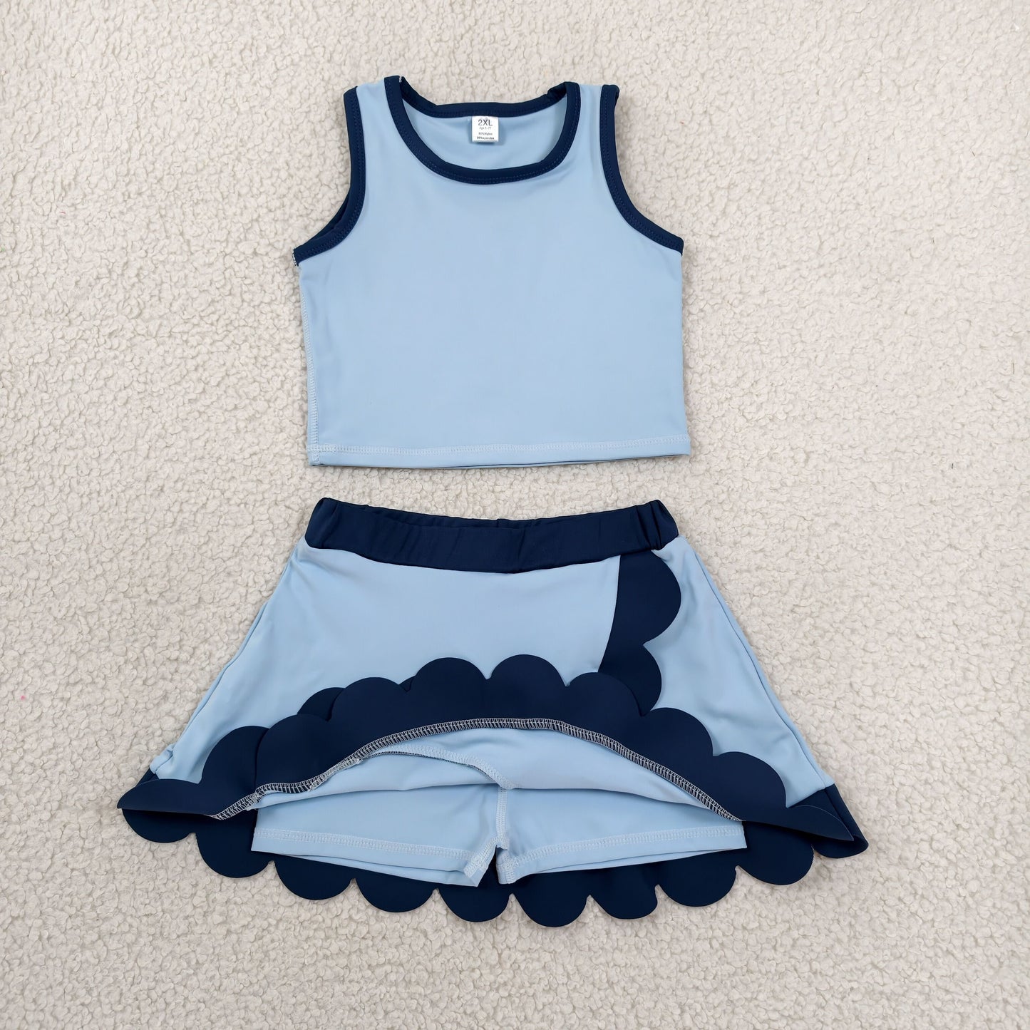 Toddler Sibling Kids Girls Light Blbe with Navy Ruffle Dress & Skort Outfit Active Wear