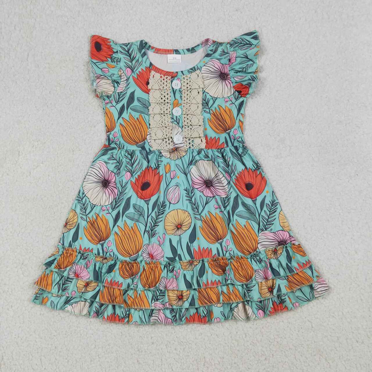 (Promotion)GSD4093 Flowers Girls Flutter Sleeve Ruffles Dress