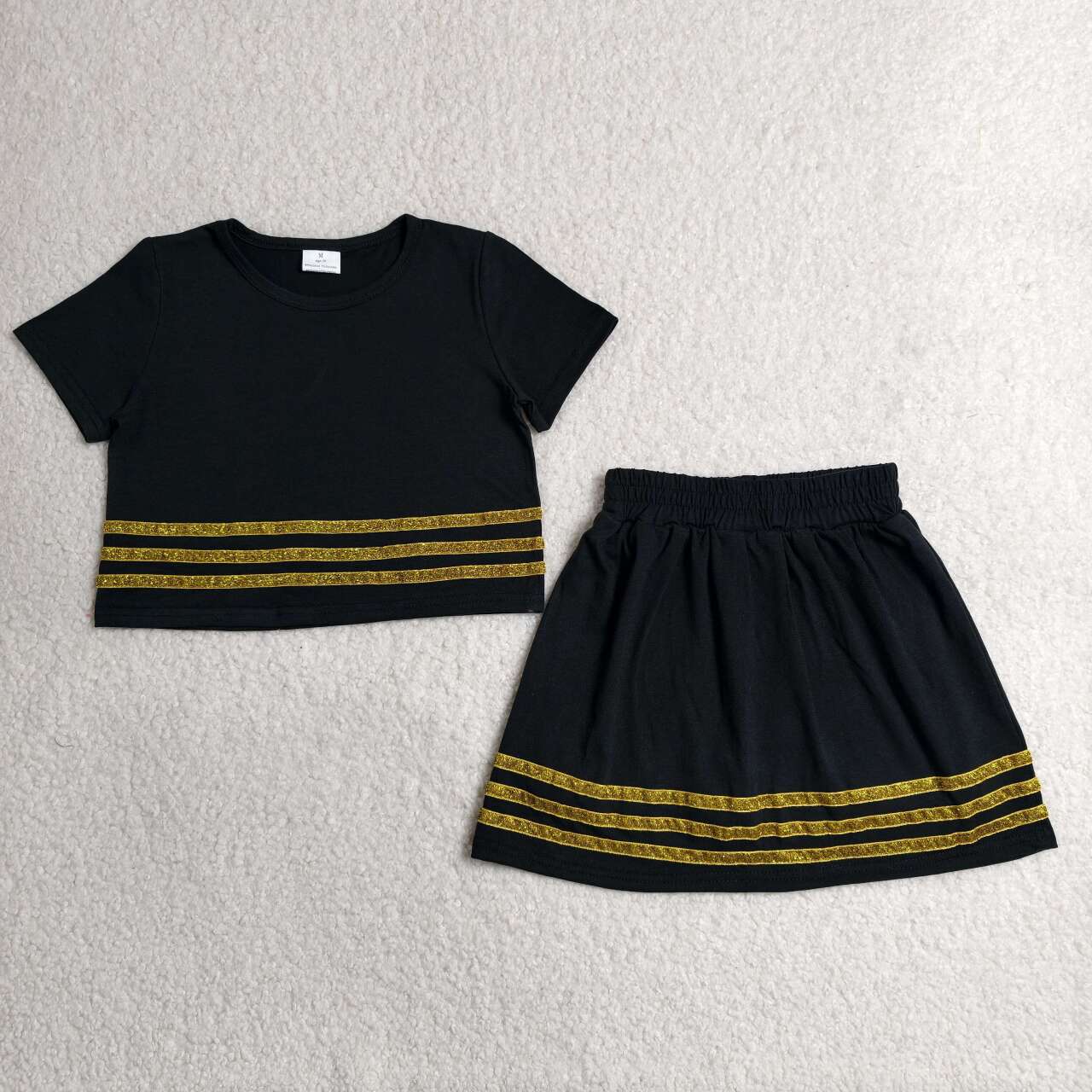 4 Colors Cotton Girls Summer Outfits - Sequin Stripe Crop Top & Skort Sisters Wear Clothes Set