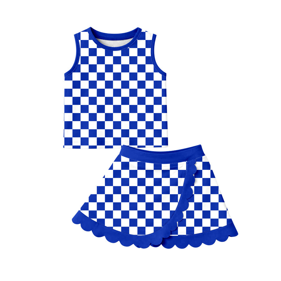 4.15 Toddler Girl Blue Checkered Outfit, Sleeveless Top & Scalloped Tennis Skort Set Preorder