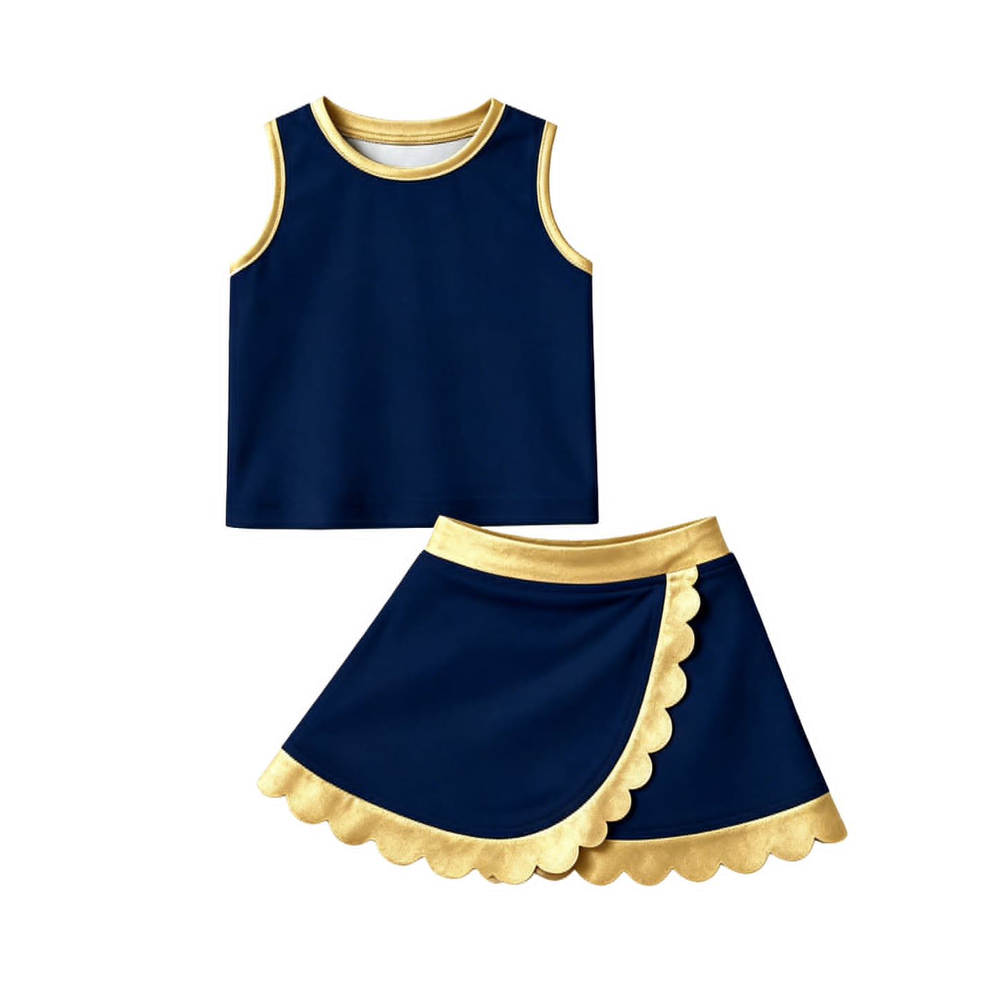 4.15 Kids Navy Gold Cheerleading Outfit, Scalloped Edge Tank Top & Skort for Girls Preorder