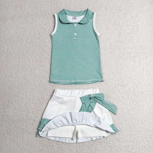 GSD4121 Green Stripes Sleeveless Top Ruffle Skort Baby Girls Yoga Clothes Set