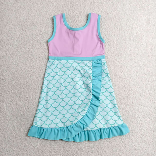 GSD4125 Pink & Scales Girls Sleeveless Ruffle Yoga Zipper Dress
