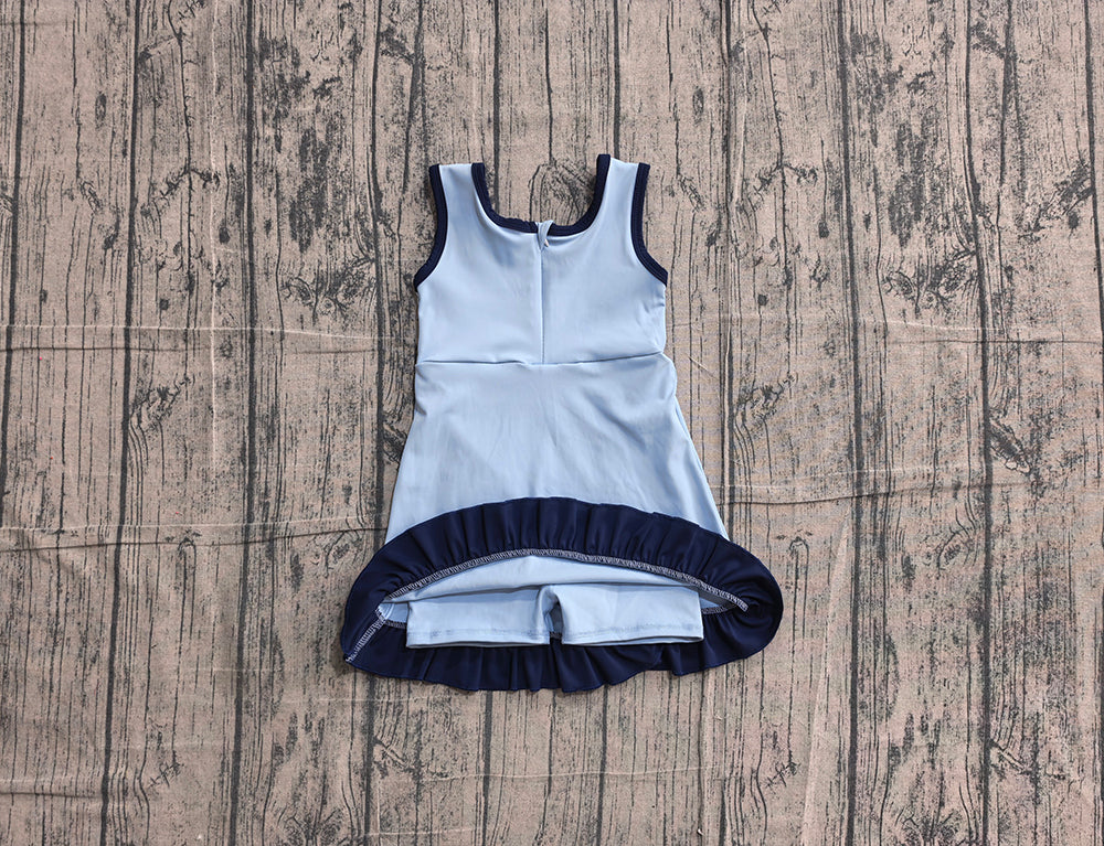 GSD4126 Blue & Navy Girls Sleeveless Ruffle Yoga Zipper Dress