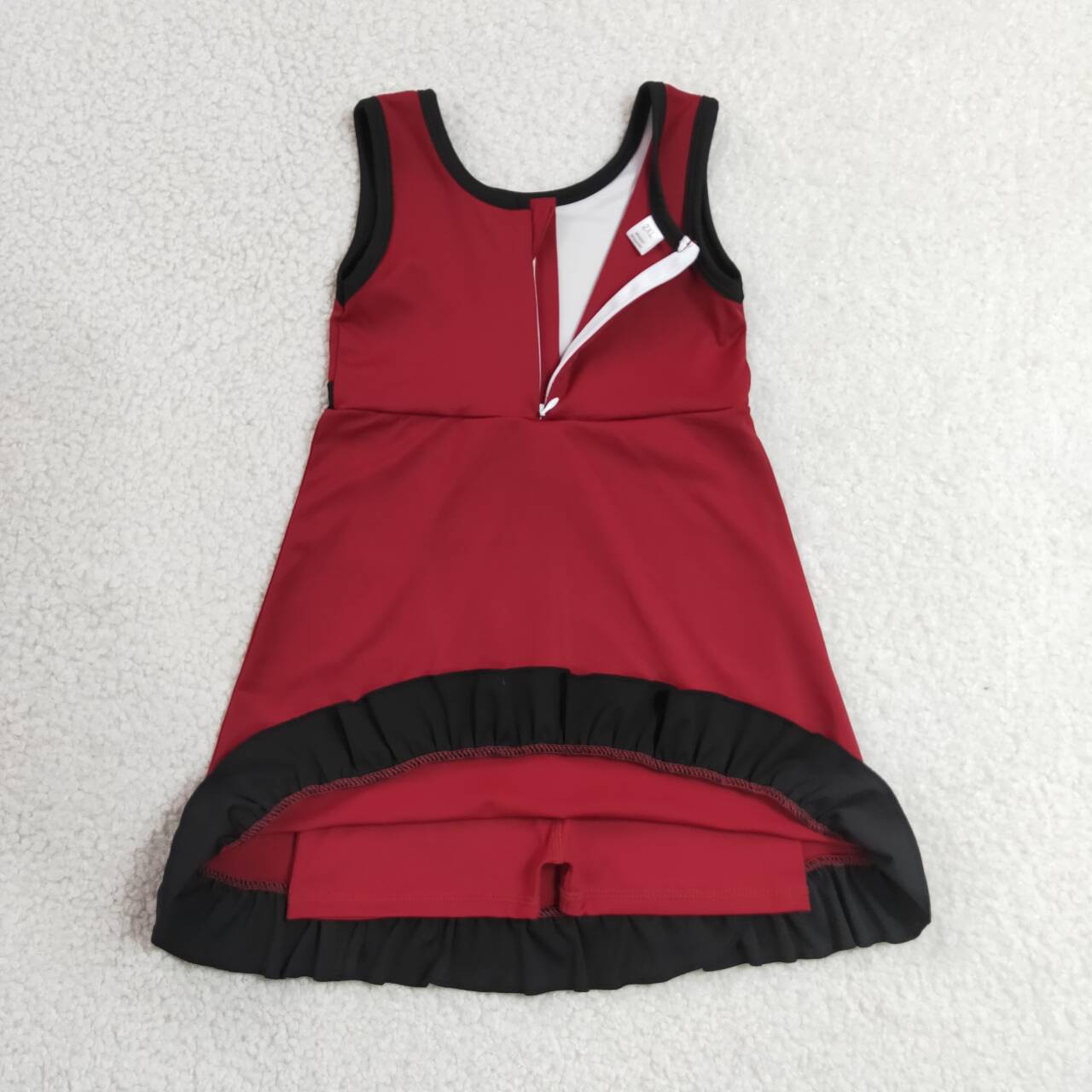 GSD4135 Wine & Black Girls Sleeveless Ruffle Yoga Zipper Dress