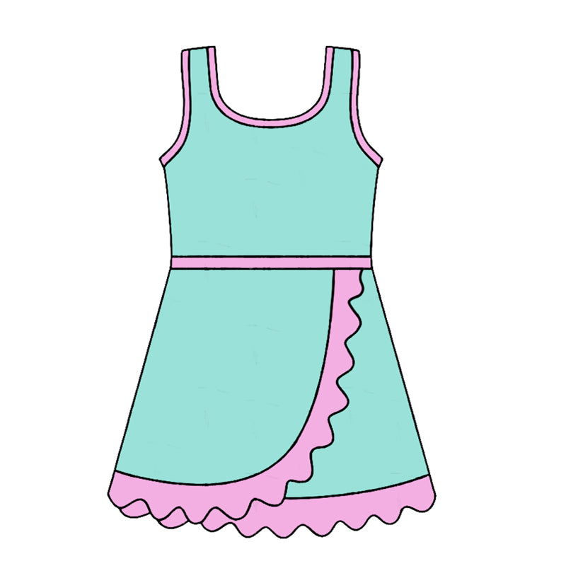 4.24 GSD4149 Preorder Teal & Pink Girls Sleeveless Scallop Yoga Dress