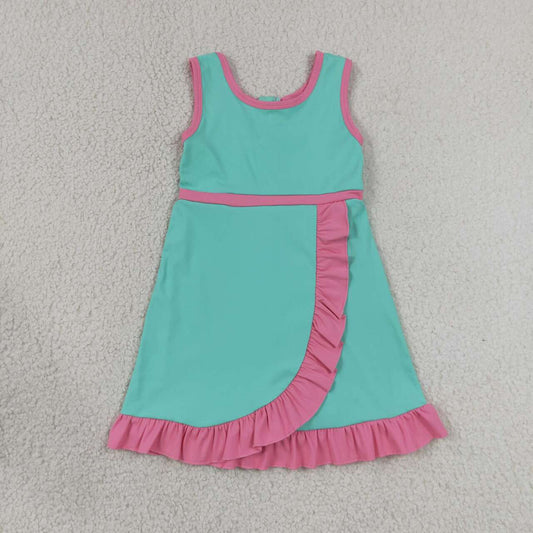 GSD4149 Teal & Pink Girls Sleeveless Ruffle Yoga Zipper Dress