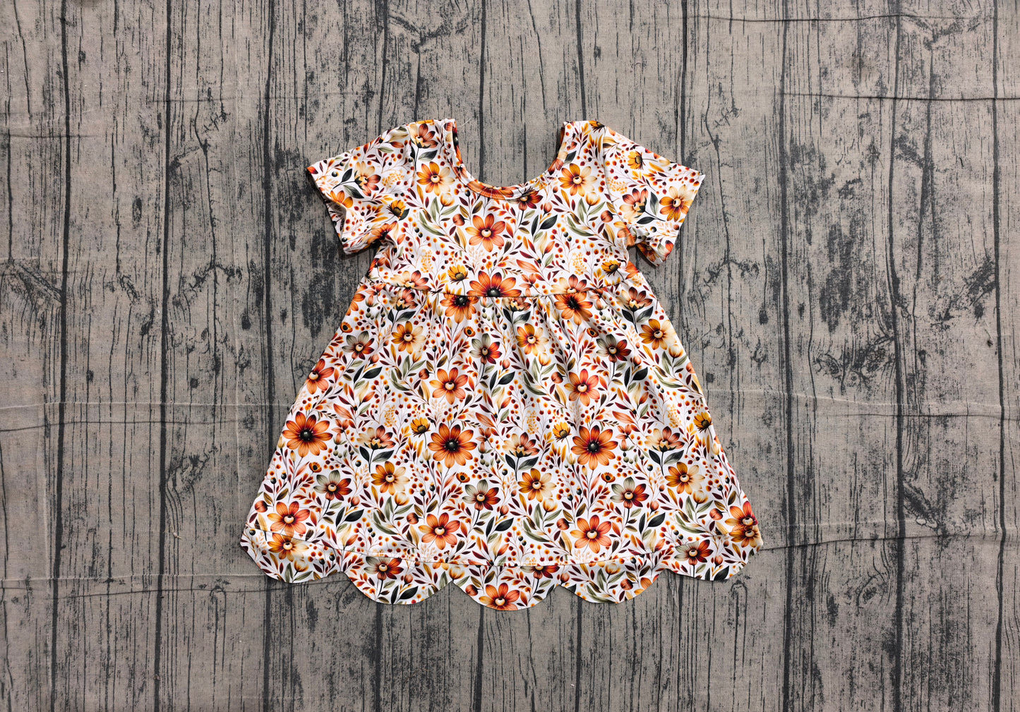 GSD4155 Orange Flowers Baby Girls Scallop Edge Knee Length Dress