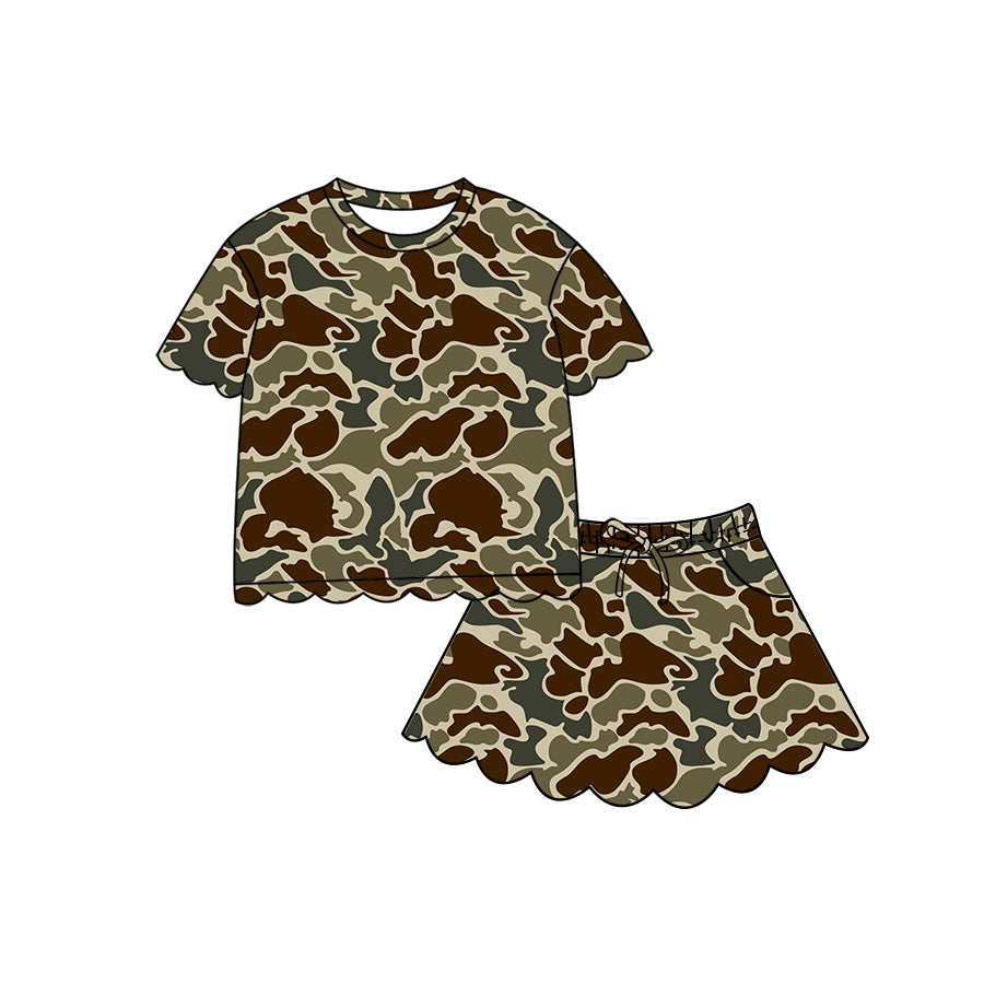 4.29 GSD4164 Dark Brown Green Camo Short Sleeve Top Skirts Girls Scallop Outfits Preorder