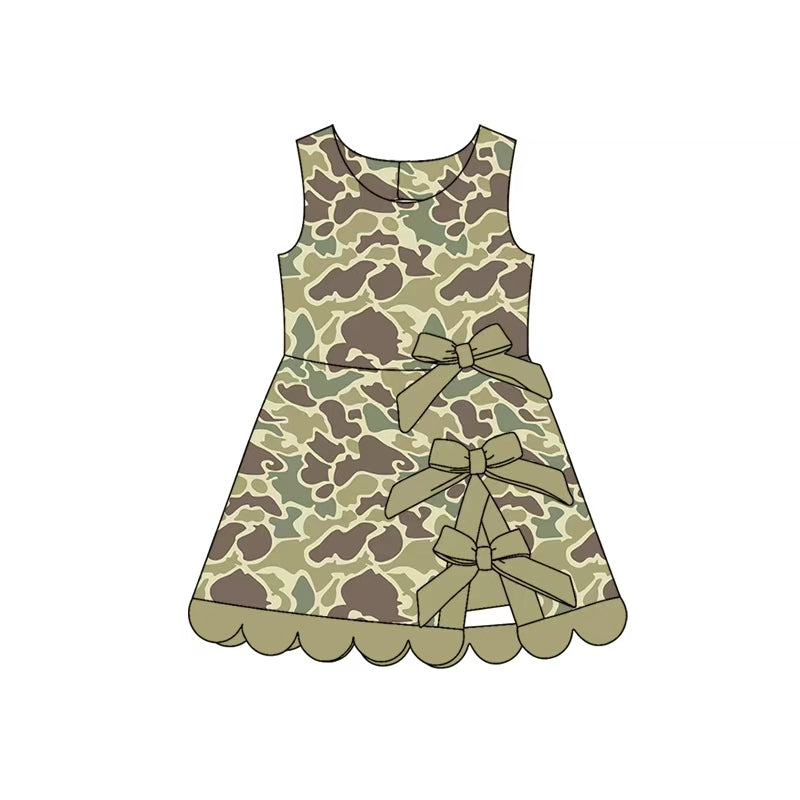 5.30 GSD4228 Preorder Green Camo Girls Sleeveless Scallop Bows Yoga Dress