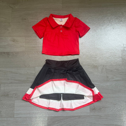 6.29 Preorder Kids Girls Red Polo Top with Black Skort Active Outfit