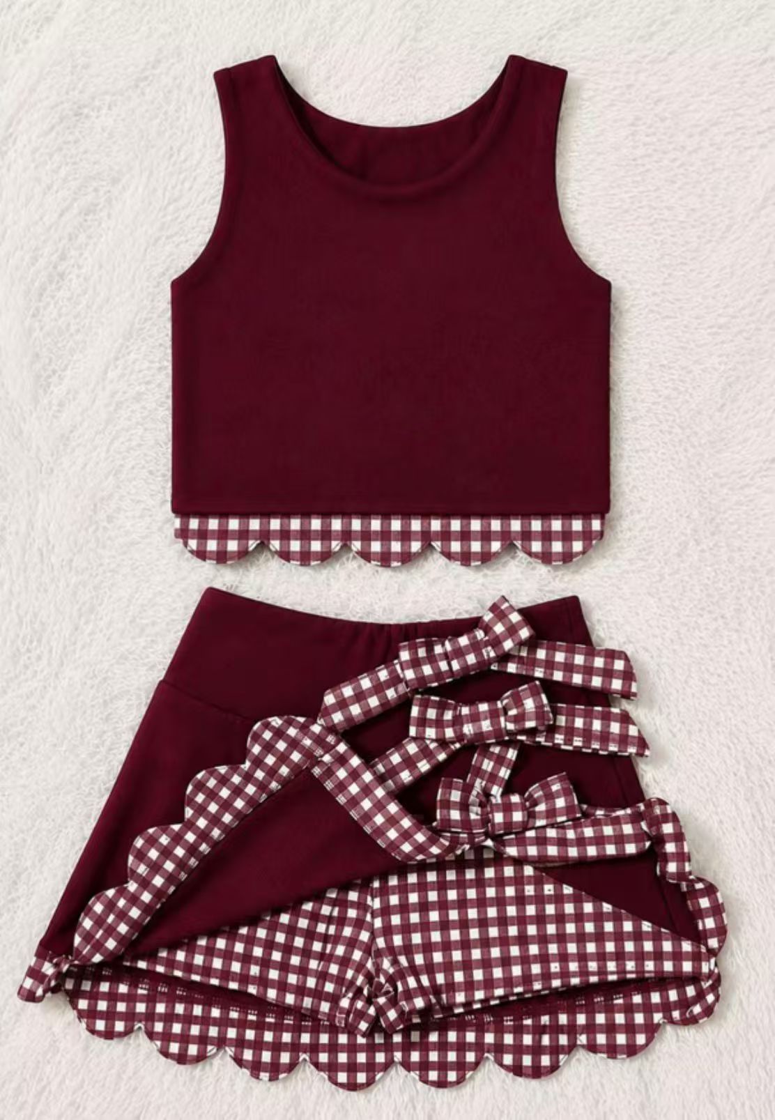 7.6 Preorder Girls Burgundy Gingham Scallop Trim Tank & Multi Bow Layered Skort Set