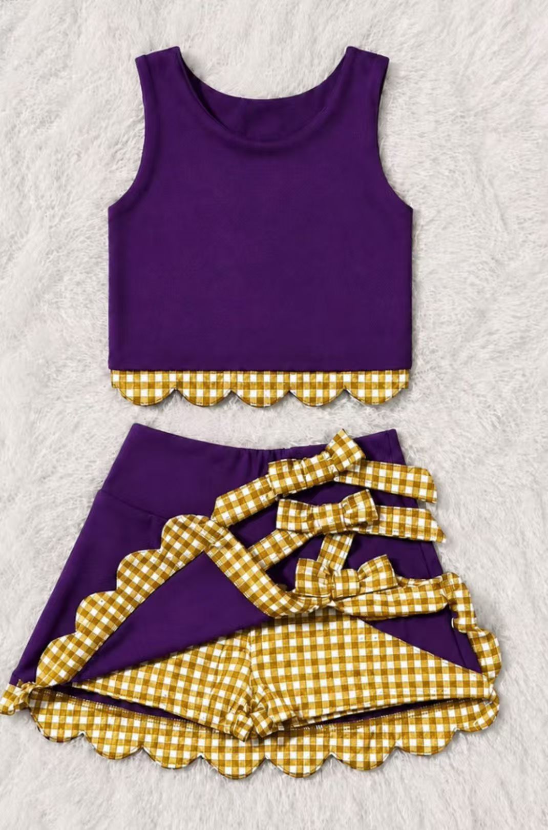 7.6 Preorder Girls Purple Gold Gingham Scallop Edge Tank & Multi Bow Skort 2 Piece Outfit