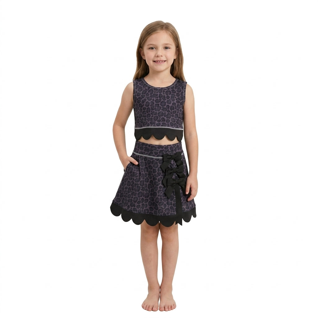 GSD4268 Black Leopard Bows Girls Summer Scallop Yoga Clothes Set