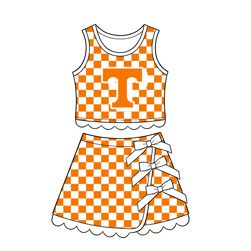 7.15 Preorder Kids Girls Tennessee Orange Checked White Bow Skort Active Outfit