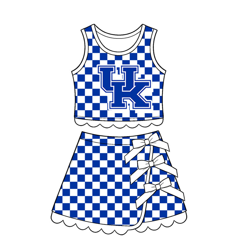 7.15 Preorder Kids Girls UK Blue Checked Tank Top White Bow Skort Active Outfit