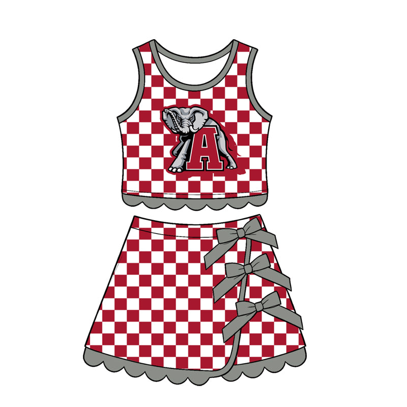7.15 Preorder Kids Girls Alabama Red Checked Tank Top Grey Bow Skort Active Outfit