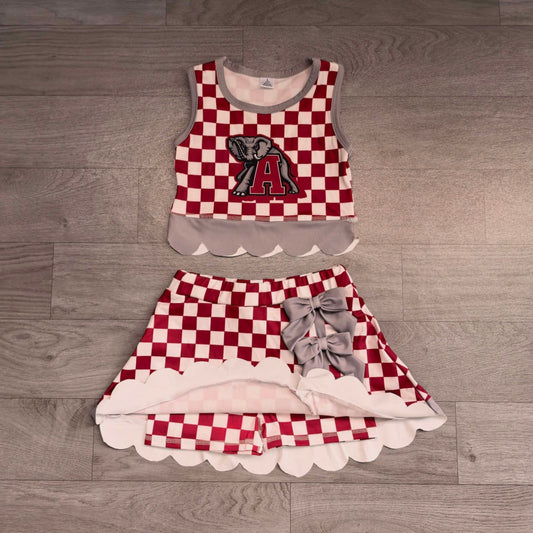 7.15 Preorder Kids Girls Alabama Red Checked Tank Top Grey Bow Skort Active Outfit