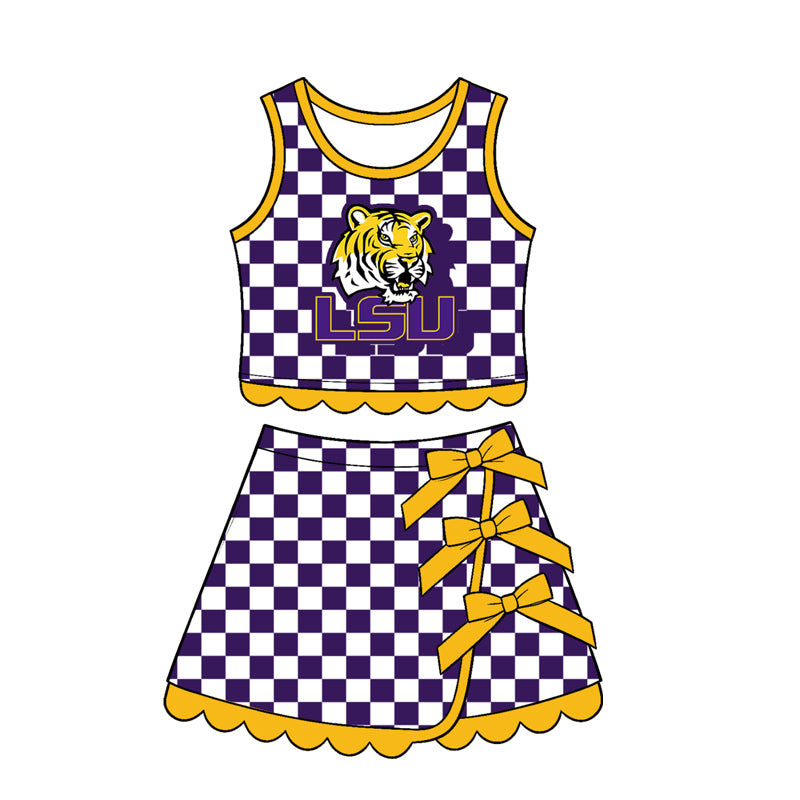 7.15 Preorder Kids Girls LSU Purple Checked Tank Top Yellow Bow Skort Active Outfit