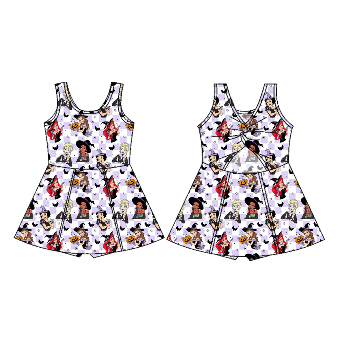 7.21 GSD4290 Preorder Cartoon Princess Checkered Print Girls Halloween Sleeveless Backless Yoga Dress