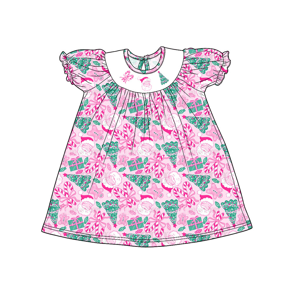 8.15 GSD4306 Preorder Santa Candy Cane Tree Pink Print Girls Christmas Knee Length Dress