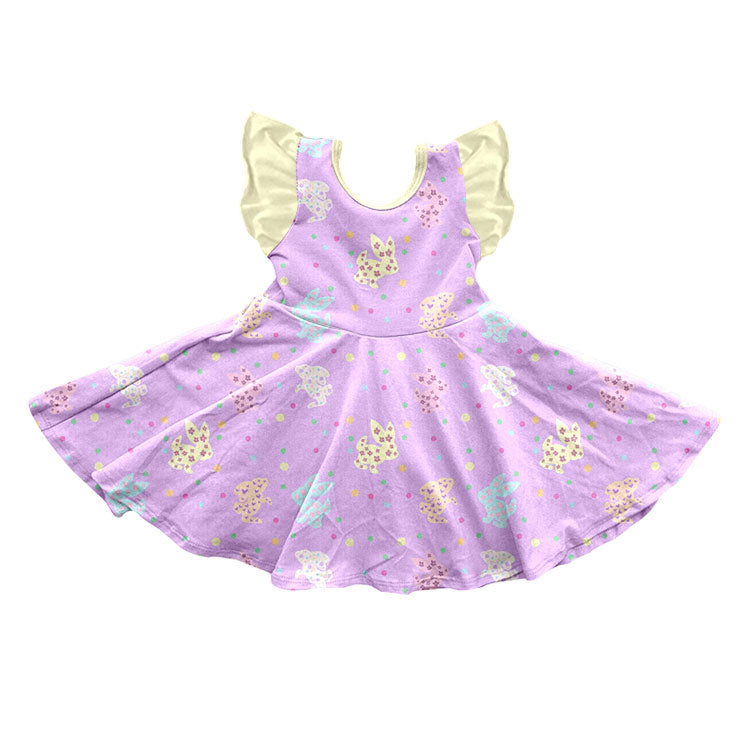 8.28 GSD4308 Preorder Bunny Small Flowers Print Girls Easter Knee Length Dress