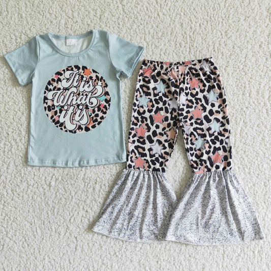 (Promotion)Stars Leopard Print Short sleeve bell bottom pants girls outfits GSPO0002