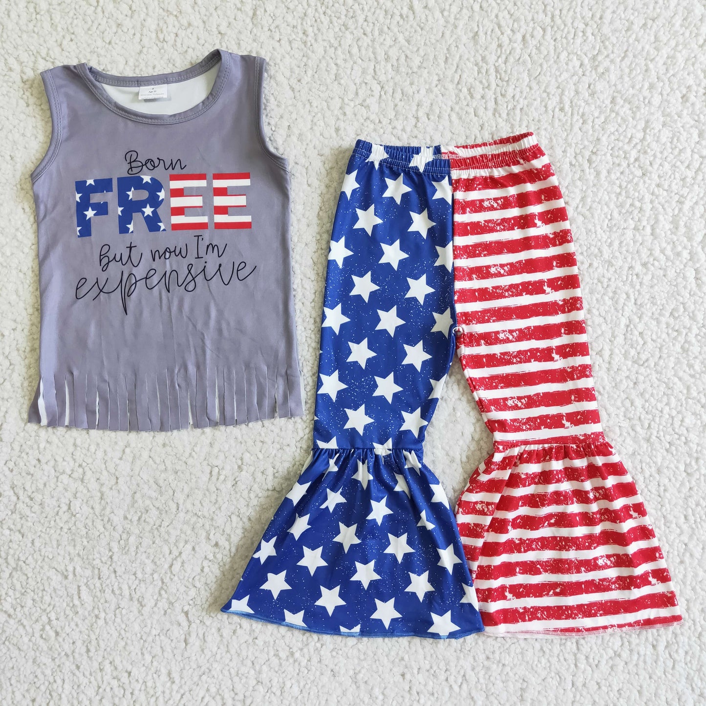 (Promotion)GSPO0050 FREE Tassel Grey Top Stars Stripes Bell Pants Girls 4th of July Clothes Set