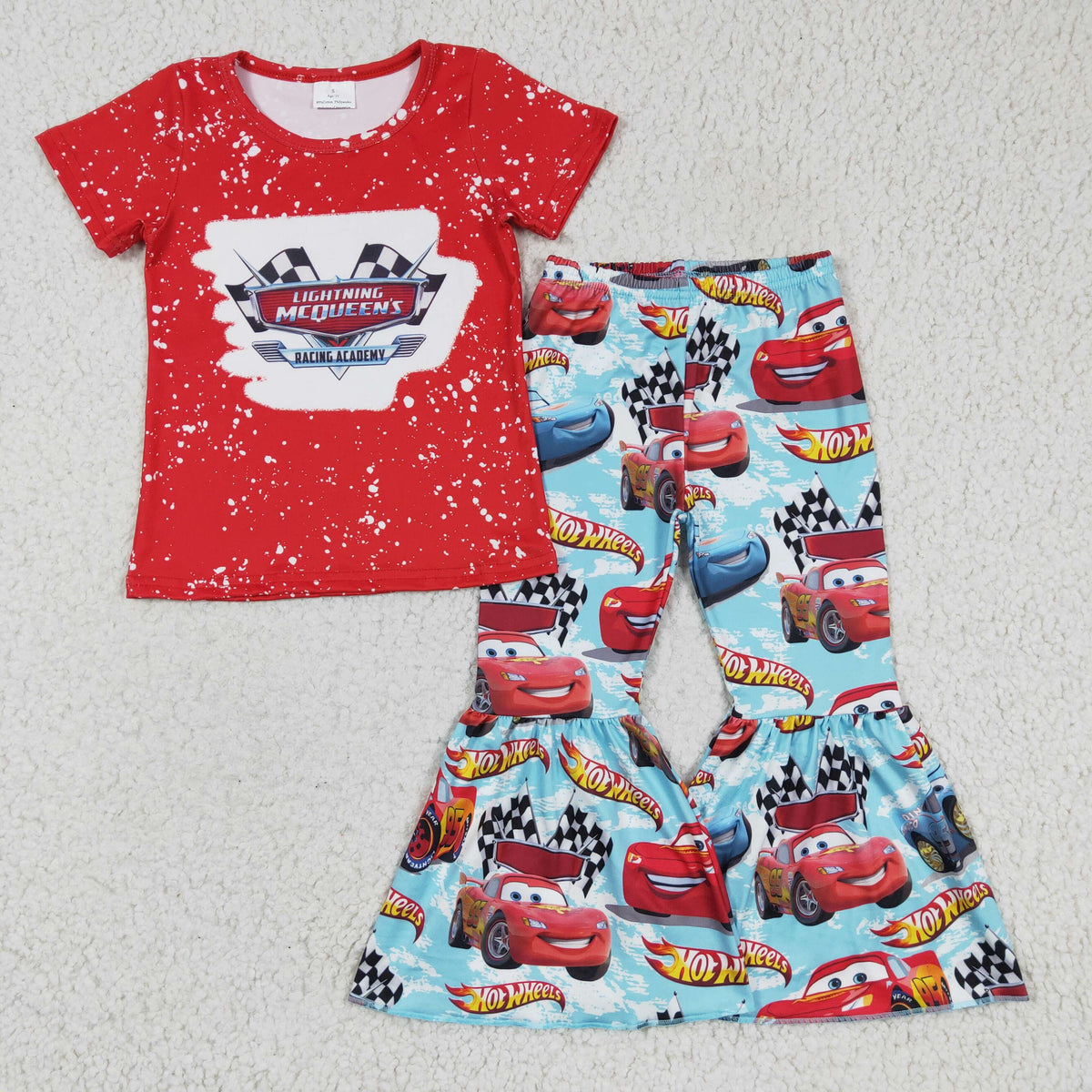 Cartoon Car Red Short sleeve Top bell bottom pants Girls outfits GSPO0111