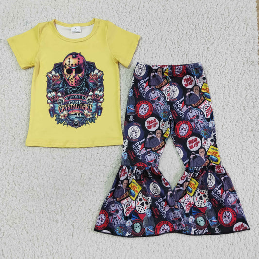 GSPO0128 Cartoon CRYSTAL LAKE Yellow Top Bell Pants Girls Halloween Clothes Set