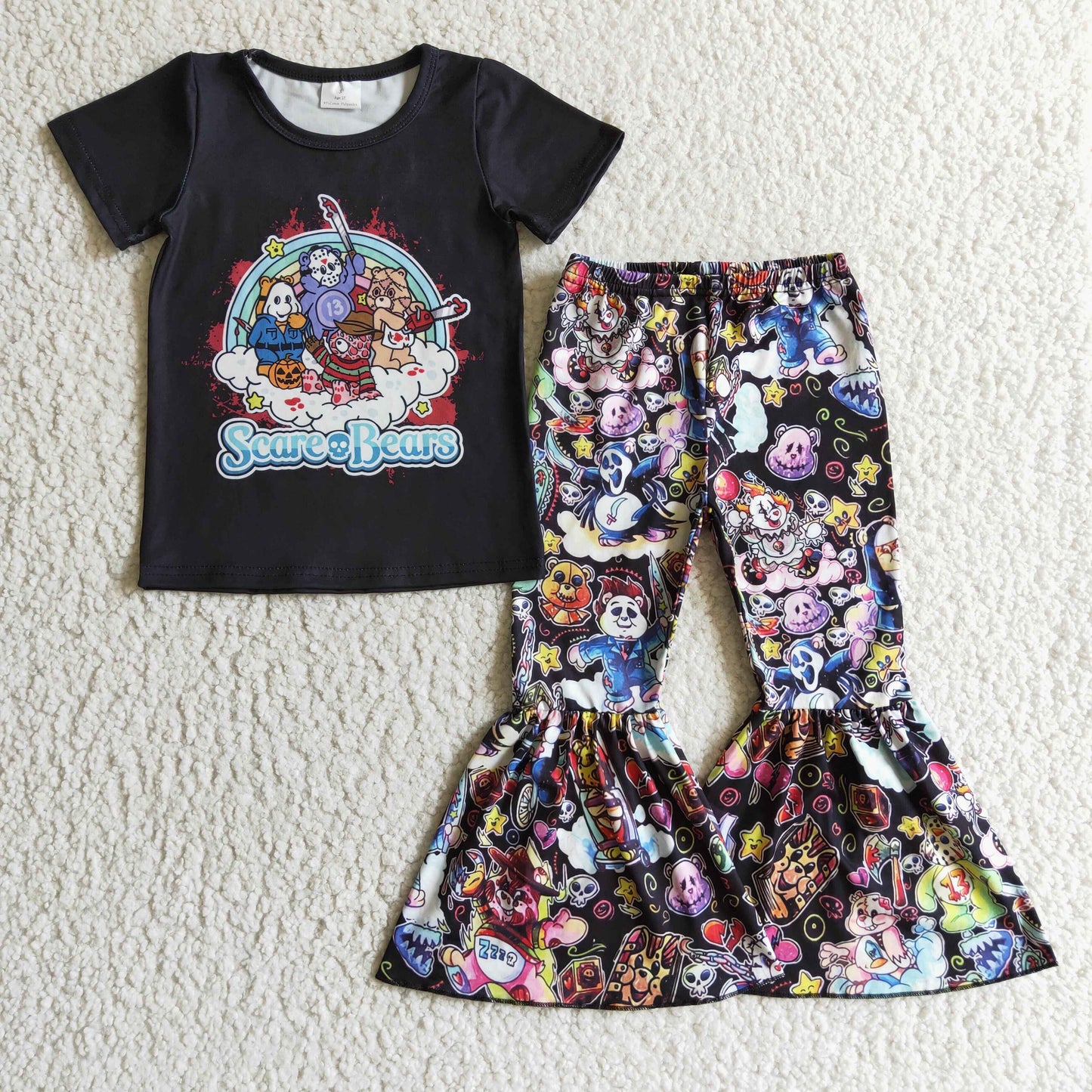 GSPO0177 Scare Bear* Black Top Bell Pants Girls Halloween Clothes Set
