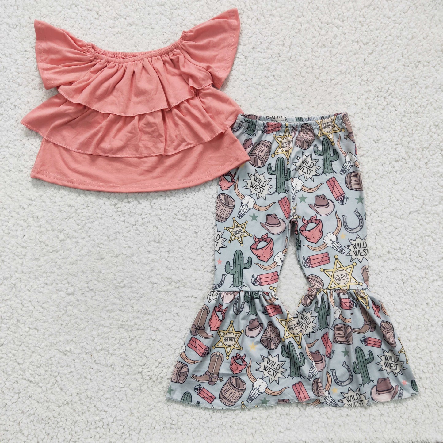 Girls ruffles pink top western pants outfits GSPO0293