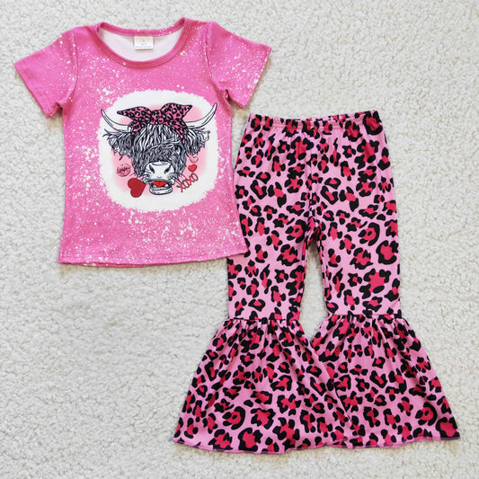 Girls highland cow print pink leopard bell pants Valentine's Day outfit GSPO0334
